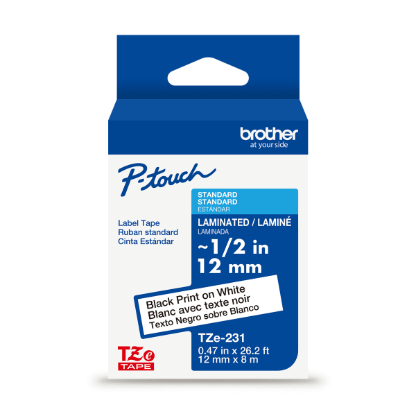 Brother P-touch TZe231, Laminated, 1/2in x 26.2 ft (12mm x 8m), Black on White Label Tape