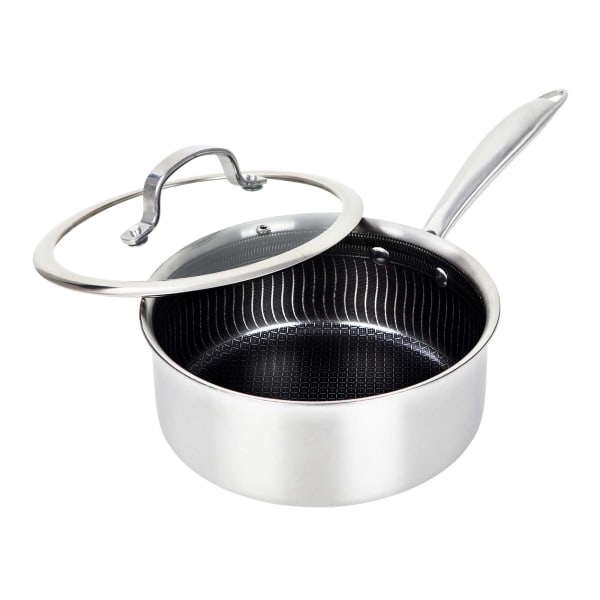 Brentwood 3-Ply Hybrid Non-Stick Stainless Steel Saucepan with Tempered Glass Lid, 3-Qt., Silver