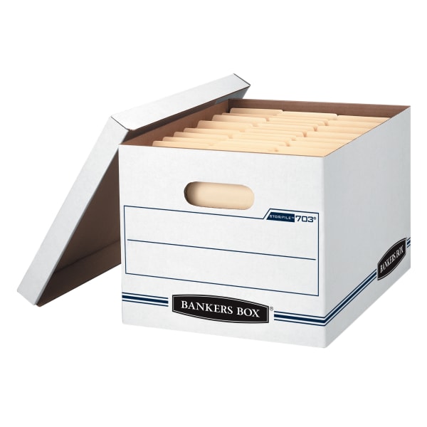 Bankers Box Stor/File Standard-Duty Storage Boxes With Lift-Off Lids, Letter/Legal Size, 10in x 12in x 15in, 60% Recycled, White/Blue, Case Of 20