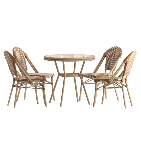Flash Furniture Lourdes Indoor/Outdoor Commercial Bistro 31.5in Table, PE Rattan, Glass Top with 4 Stack Chairs, Natural & White Rattan/Light Natural Frame