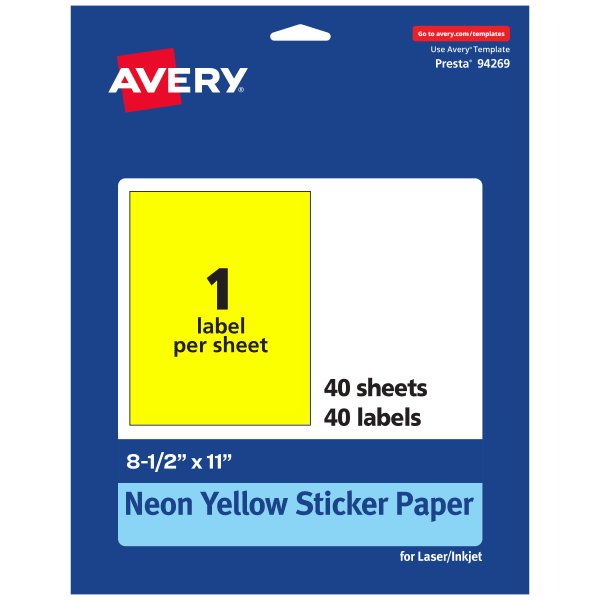 Avery Printable Sticker Paper, 94269-NYP40, Rectangle, 8-1/2in x 11in, Matte Neon Yellow, Pack of 40