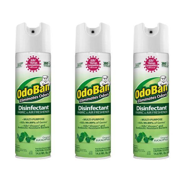 OdoBan Ready-to-Use 360-Degree Continuous Spray Disinfectant Cleaner and Odor Eliminator, Original Eucalyptus Scent, 14.6 Oz, Set Of 3 Spray Cans
