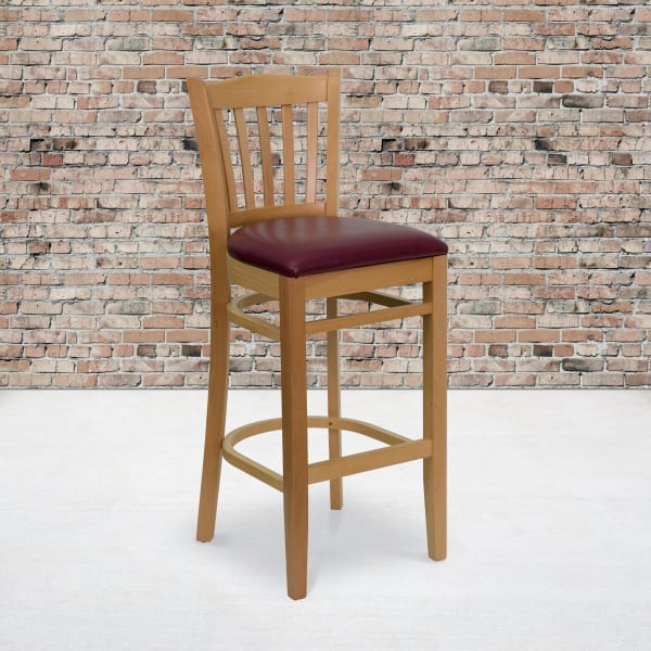 Flash Furniture Wooden/Vinyl Restaurant Barstool With Vertical Slat Back, Burgundy/Natural