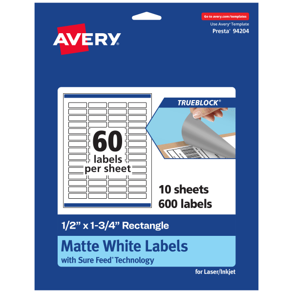 Avery Print-To-The-Edge TrueBlock Labels With Sure Feed, 94204-TWMP10, Rectangle, 1/2in x 1-3/4in, Matte White, Pack Of 600