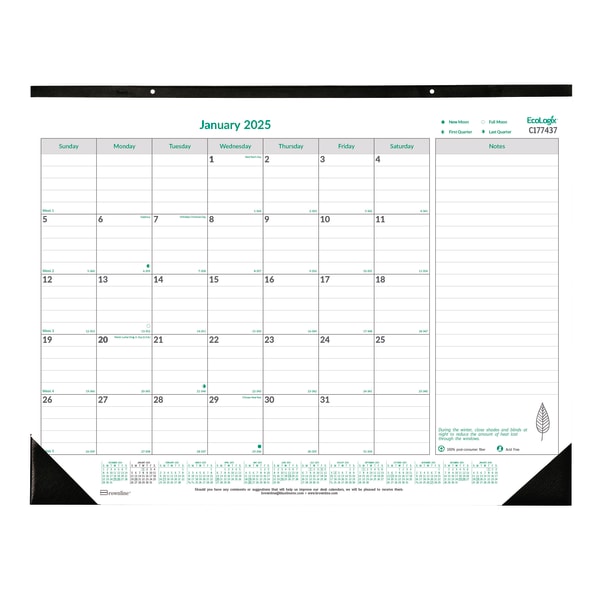 2025 Brownline EcoLogix Monthly Desk Pad Calendar, 22in x 17in, 100% Recycled, Green/White, January to December, C177437