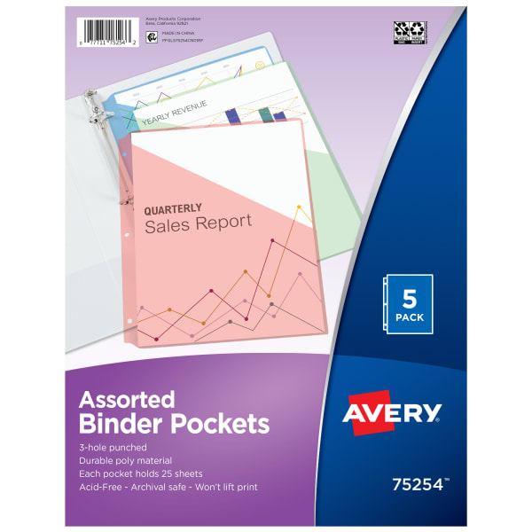 Avery Binder Pockets For 3 Ring Binders, Assorted (Blue, Clear, Green, Pink, Yellow), Pack Of 5 Binder Pockets