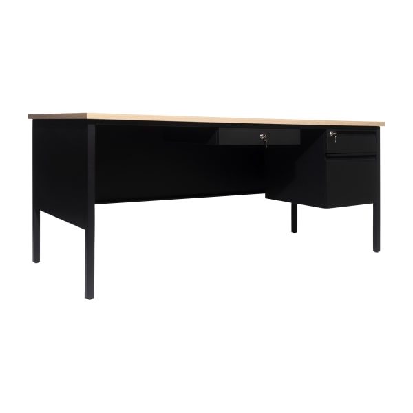 Flash Furniture Cambridge Commercial Grade Single Pedestal 70inW x 30inD Desk with Locking Drawers and Metal Frame, White Oak