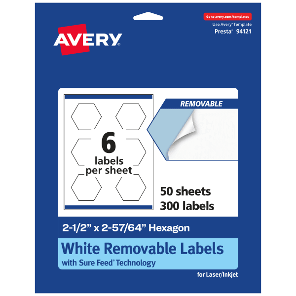 Avery Removable Labels With Sure Feed, 94121-RMP50, Hexagon, 2-1/2in x 2-57/64in, White, Pack Of 300 Labels