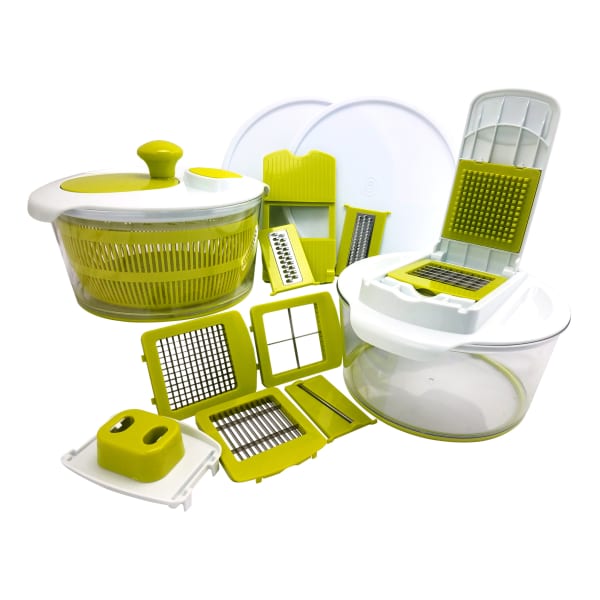 MegaChef 10-in-1 Multi-Use Salad Spinning Slicer, Dicer and Chopper with Interchangeable Blades and Storage Lids, Green