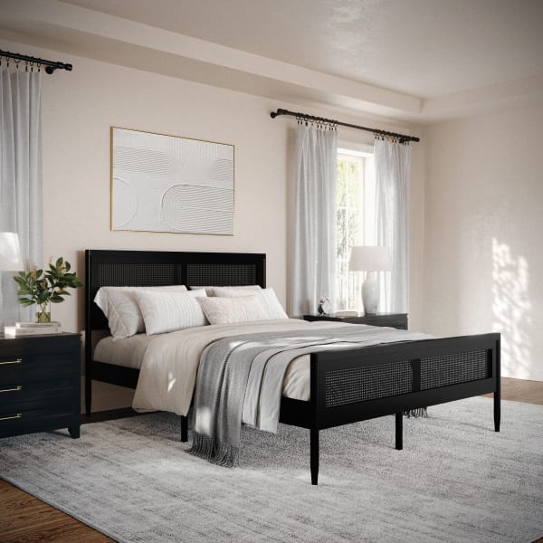 Martha Stewart Jax Solid Wood Platform Bed with Rattan Headboard and Footboard, No Box Spring Required, Black, Queen