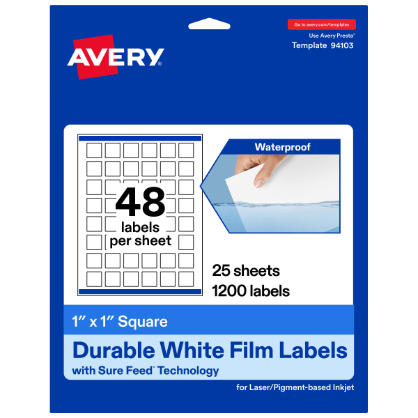 Avery Waterproof Permanent Labels With Sure Feed, 94103-WMF25, Square, 1in x 1in, White, Pack Of 1,200
