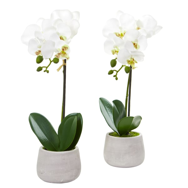 Nearly Natural Phalaenopsis Orchid 15inH Artificial Floral Arrangements With Planter, 15inH x 4-1/2inW x 4-1/2inD, White, Set Of 2
