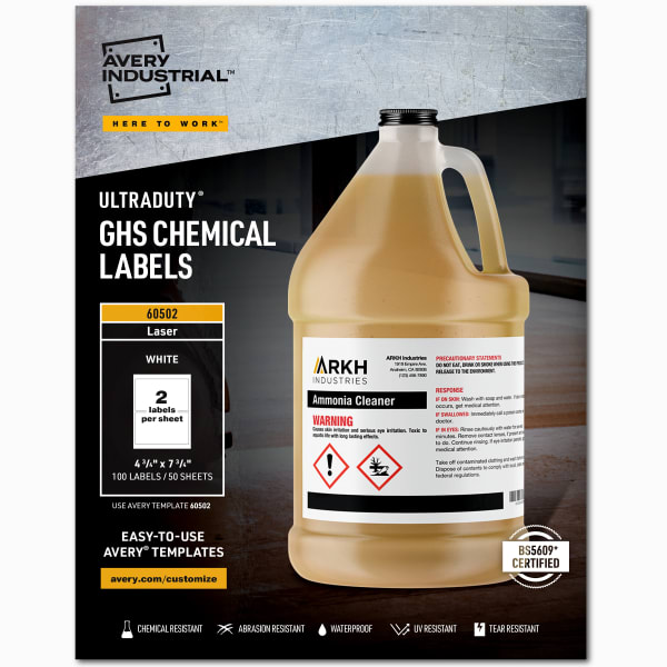 Avery UltraDuty GHS Chemical Labels For Laser Printers, Waterproof, UV Resistant, 60502, Rectangle, 4-3/4in x 7-3/4in, White, Pack Of 100