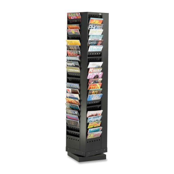 Safco Steel Rotary Floor-standing Magazine Rack - 92 Compartment(s) - Compartment Size : 7.25in x 9in x 0.75in - 68in Height x 14in Width x 14in Depth - Floor - 360 deg. Swivel Base - Powder Coated - Black - Steel - 1 Each