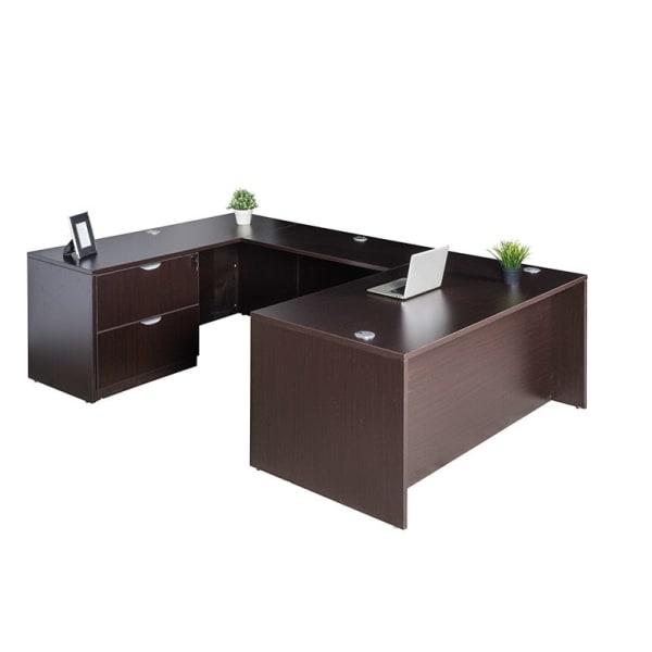 Boss Office Products 71inW Executive U-Shaped Desk With 2-Drawer Lateral File And Credenza, Mocha
