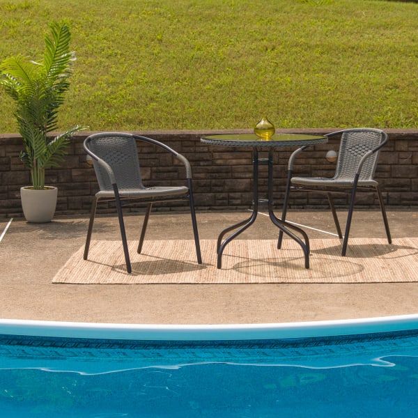 Flash Furniture Barker Round Tempered-Glass Metal Outdoor Furniture Table With Rattan Edging, 28inH x 28-3/4inW x 28-3/4inD, Clear/Gray