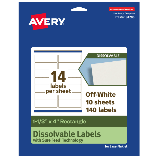 Avery Dissolvable Labels With Sure Feed Technology, 94206-DWMP10, Rectangle, 1-1/3inx4in, Matte Off-White, Pack Of 140