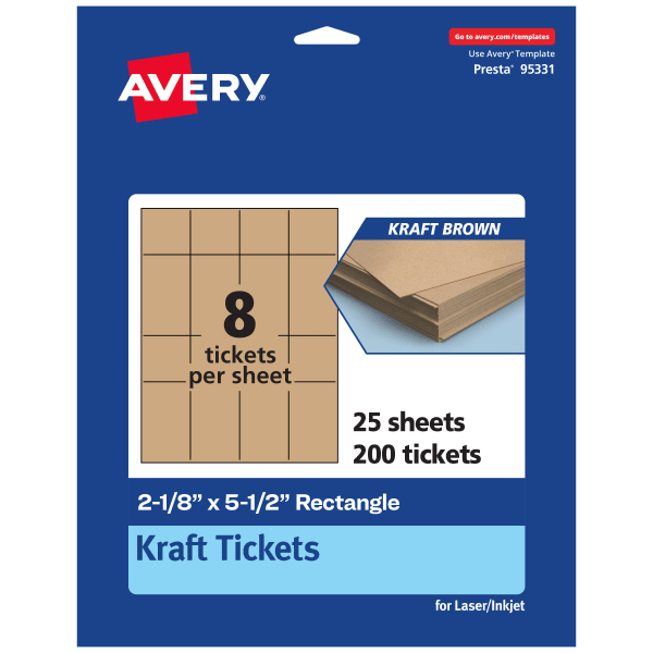 Avery Printable Tickets, 2-1/8inx5.5in, Kraft Brown, Pack Of 200