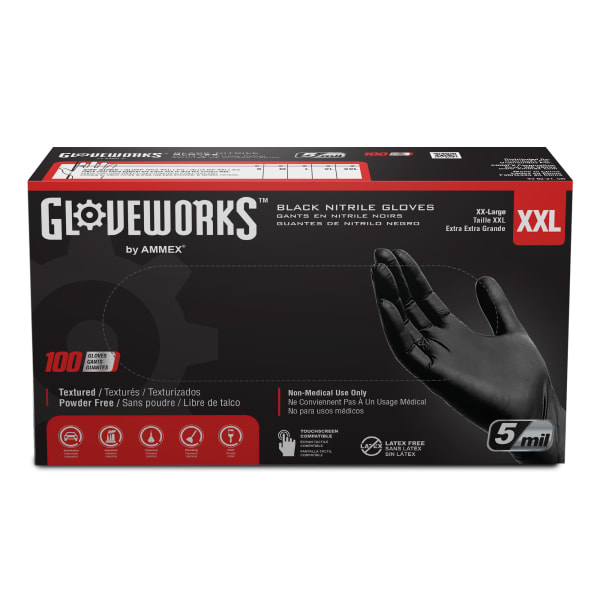 Gloveworks Black Nitrile Industrial Powder-Free Disposable Gloves, XXL, Black, Box of 100 Gloves
