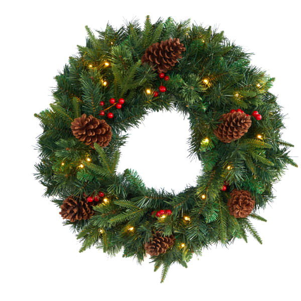 Nearly Natural 24inH Mixed Pine Artificial Christmas Wreath With 35 LED Lights And Berries, 24in x 5in, Green