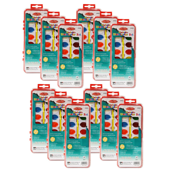 Charles Leonard Washable Watercolor Sets with Oval Pan and Brush, Disposable, Assorted Colors, Pack Of 12 Sets