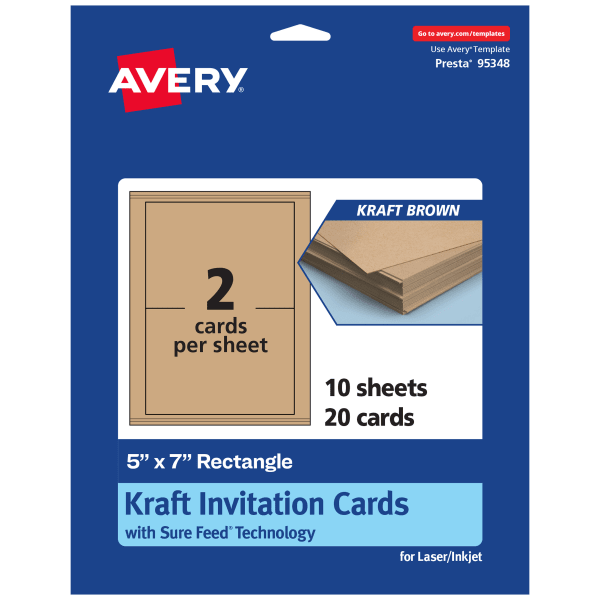Avery Printable Invitation Cards With Sure Feed Technology, 5in x 7in Rectangle, Kraft Brown, Pack Of 20