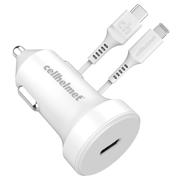 cellhelmet 20-Watt Single-USB Power Delivery Car Charger With USB-C To Lightning Round Cable, 3ft, White