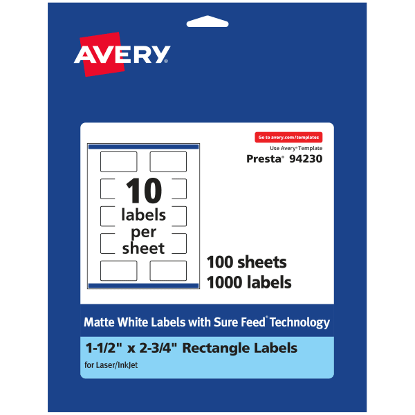 Avery Permanent Labels With Sure Feed, 94230-WMP100, Rectangle, 1-1/2in x 2-3/4in, White, Pack Of 1,000