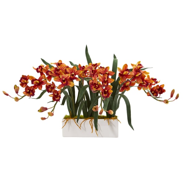 Nearly Natural Cymbidium 15inH Artificial Floral Arrangement With Vase, 15inH x 35inW x 13inD, White/Burgundy