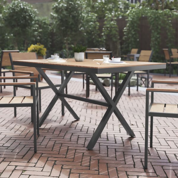 Flash Furniture Finch Commercial-Grade Faux Teak Poly/Metal X-Frame Outdoor Furniture Dining Table, 30-1/4inH x 35-1/2inW x 59inD, Natural/Gray
