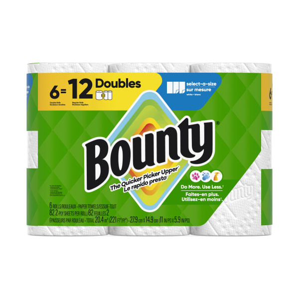 Bounty 2-Ply Paper Towels Select-A-Size Double Rolls, 6 Rolls Total/82 Sheets Per Roll, White