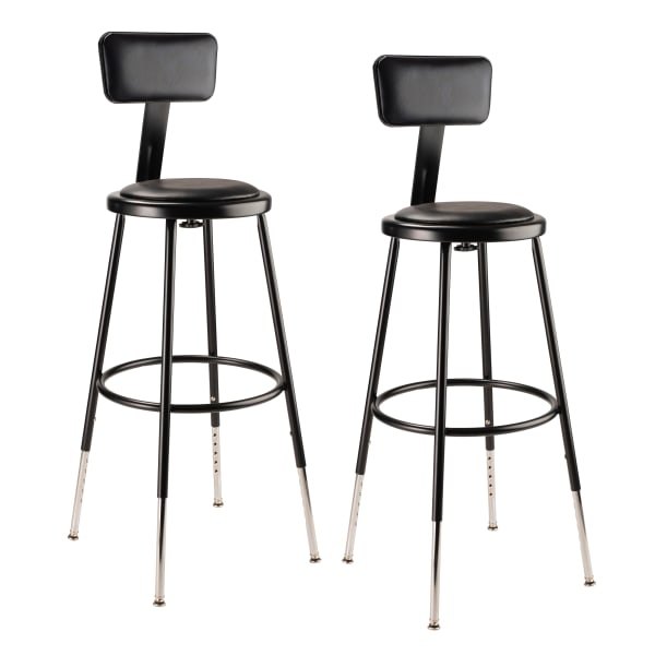 National Public Seating 6400 Series Adjustable Vinyl-Padded Science Stools With Backrests, 25 - 32-1/2inH Seat, Black, Pack Of 2 Stools