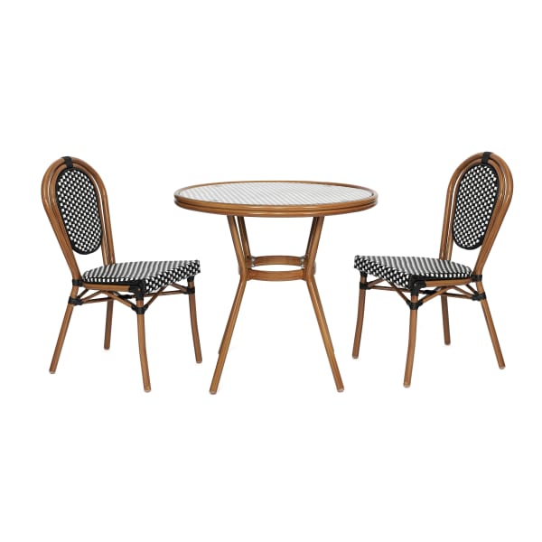 Flash Furniture Lourdes Indoor/Outdoor Commercial Bistro 31.5in Table, PE Rattan, Glass Top with 2 Stack Chairs, Black & White Rattan/Natural Frame