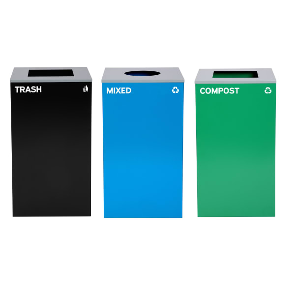Alpine Industries Stainless-Steel Open Top Mixed Recycling, Compost And Trash Can Set With Square And Circle Lids, 29 Gallons, 30inH x 16-15/16inW x 16-15/16inD, Black/Blue/Green, Set Of 3 Trash Cans