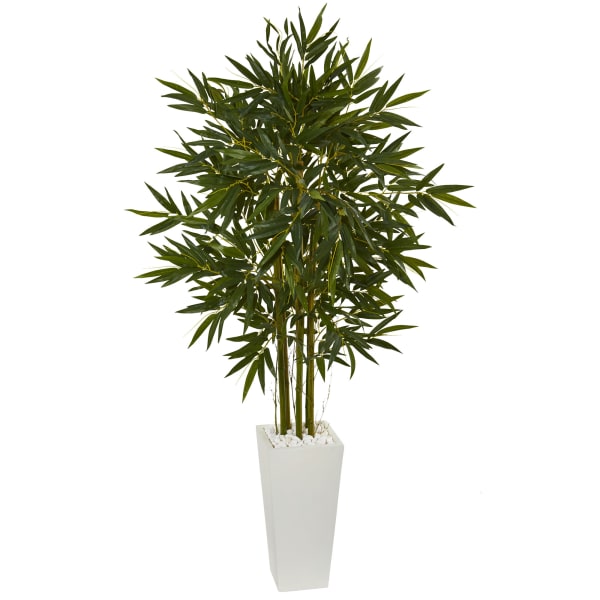 Nearly Natural 6ftH Bamboo Artificial Tree With Tower Planter, 72inH x 38inWx 38inD, White/Green