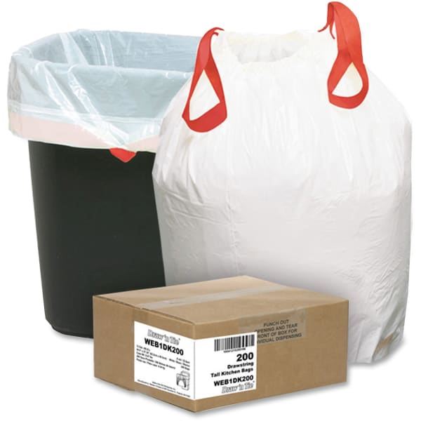Draw N Tie 0.9-mil Trash Bags, 13 Gallons, 24-1/2in x 27-3/8in, White, Box Of 200