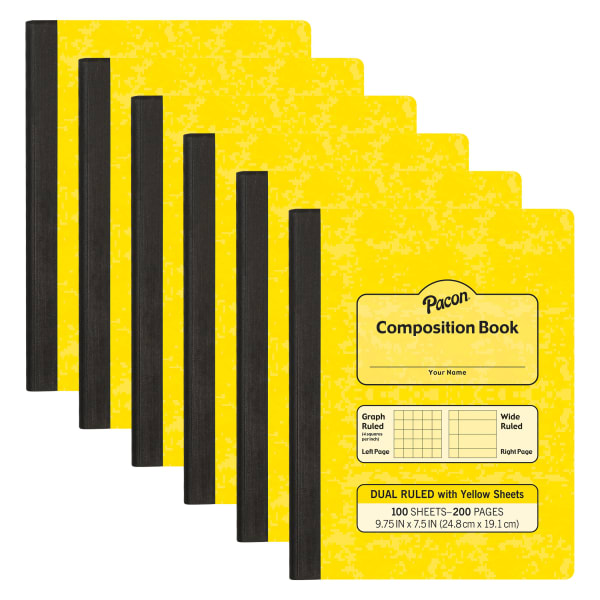 Pacon Dual Ruled Composition Books, 1/4in Grid And 3/8in (Wide) 9-3/4in x 7-1/2in, Yellow, 100 Sheets, Pack Of 6 Books