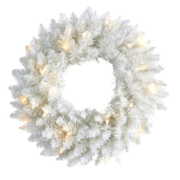 Nearly Natural Colorado Spruce Artificial Christmas Wreath With 129 Bendable Branches And 20 Warm LED Lights, 18in x 4in, White