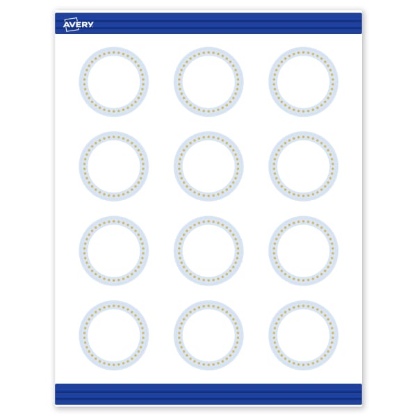 Avery Printable Round Cards With Sure Feed Technology, 2in, Matte White With Gold Dots/Blue Border Design, Pack Of 120