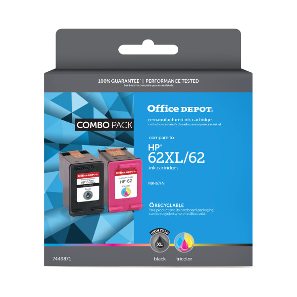 Office Depot Remanufactured Black And Tri-Color High-Yield Ink Cartridge Replacement For HP 62XL, 62, Pack Of 2, OD62XLK62C