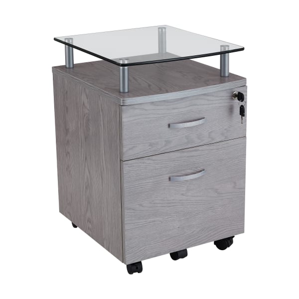 Techni Mobili 15-3/4inW x 17-1/2inD Lateral 2-Drawer Mobile Locking Glass Top File Cabinet, Gray