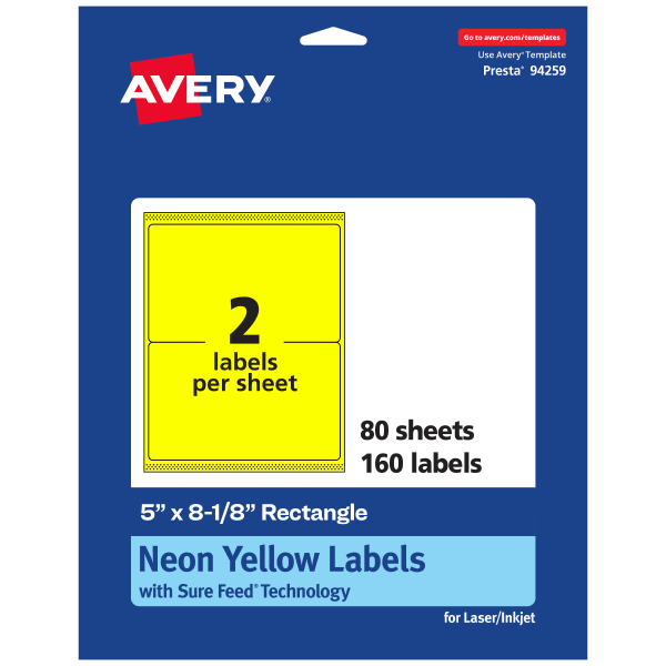 Avery Printable Labels With Sure Feed Technology, 94259-NYP80, Rectangle, 5in x 8-1/8in, Matte Neon Yellow, Pack of 160