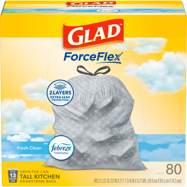 Glad ForceFlex Tall Kitchen Trash Bags, 13 Gallon, Gain Fresh Clean, White, Pack Of 80 Trash Bags