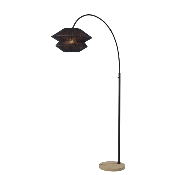 Adesso Gardner Arc Floor Lamp, 72-1/4in, Black Shade/Travertine Base