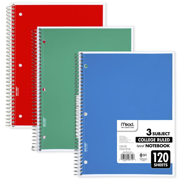 Mead Wirebound Notebook, 8in x 11in, 3 Subject, 120 Sheets, Assorted Colors