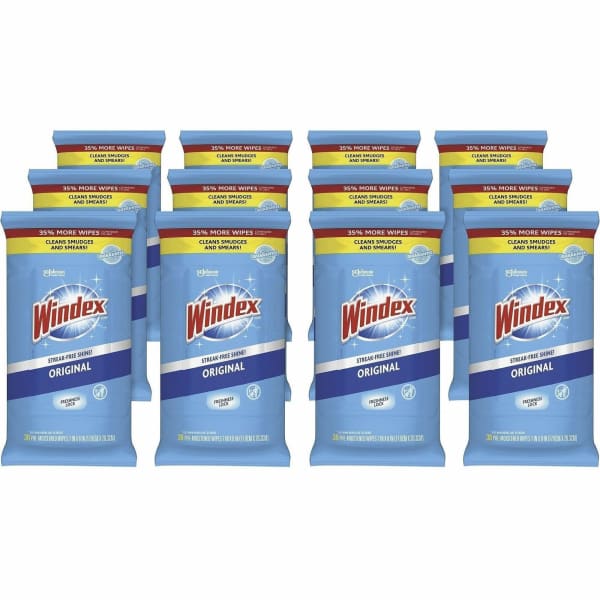 Windex Glass & Surface Wipes - Ready-To-Use - Streak-free, Unscented, Chemical-free - White - 38 Pack - 12 / Carton