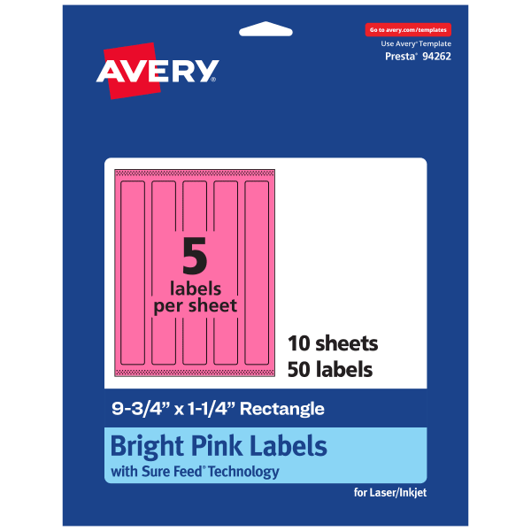 Avery Print-To-The-Edge Labels With Sure Feed Technology, 94262-BPP10, Rectangle, 9-3/4in x 1-1/4in, Matte Bright Pink, Pack of 50