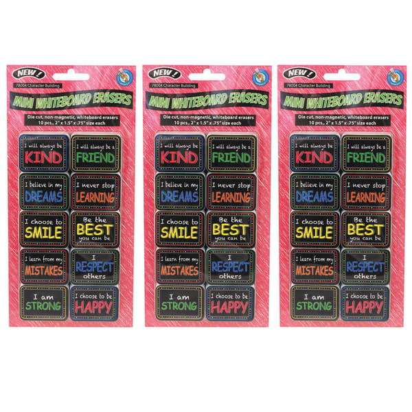 Ashley Productions Non-Magnetic Mini Whiteboard Erasers, Character Building, Pack of 30