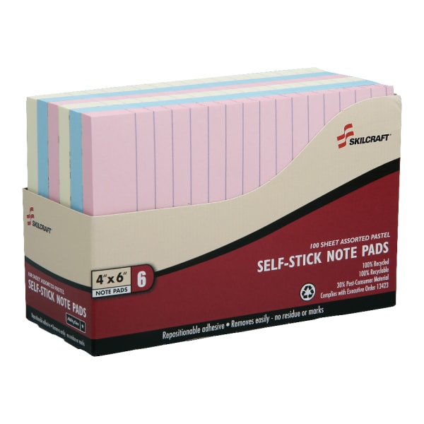 SKILCRAFT Self-Stick Notes, 4in x 6in, Assorted Pastel, Pack of 6