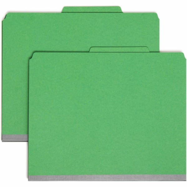 Smead Pressboard Colored Classification Folders, 2in Capacity, 2 Fasteners, 2 Dividers, Letter Size, 2in Expansion, 2/5-Cut Tab, 100% Recycled, Green, Box Of 10